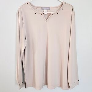 5/$30 EUC Modern Soul Light Grey Silky Polyester Bronze Studded Blouse - Size L